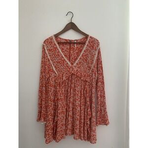 Free People Like You Best Red Floral Printed Ruffle Mini Dress Sz S Boho Hippie